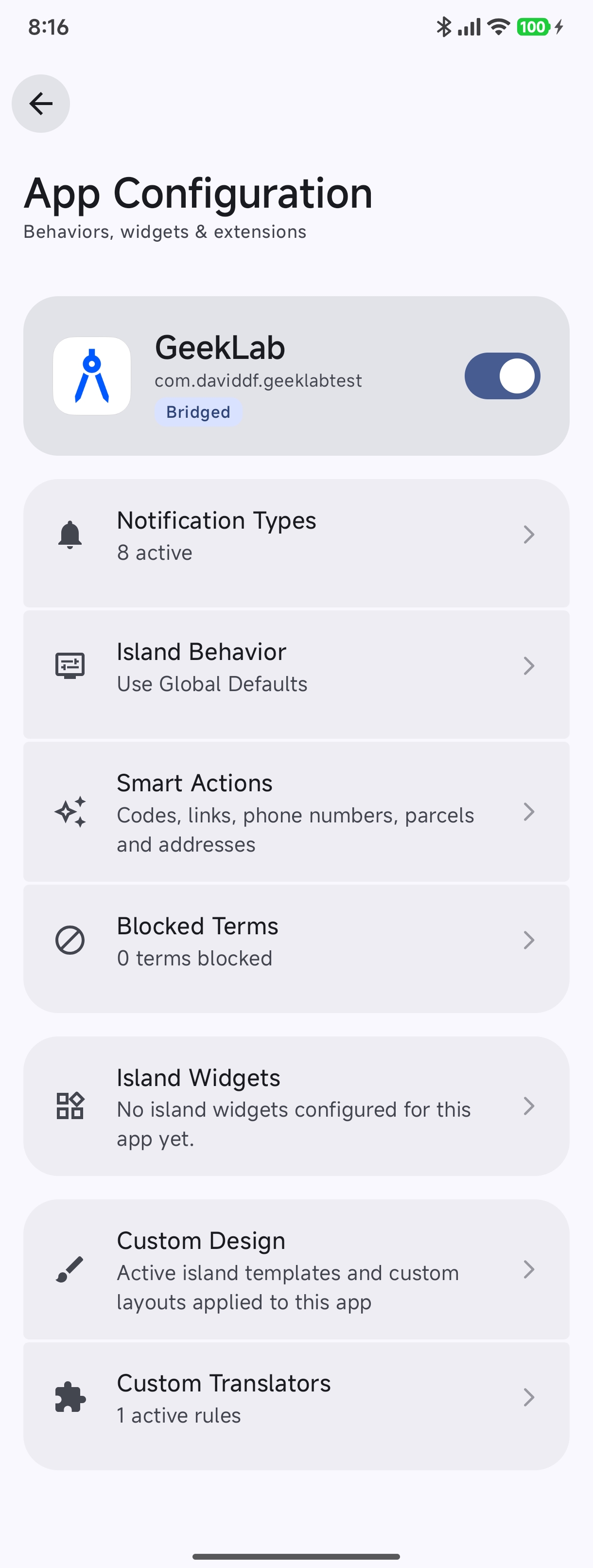 Per-App Configuration Screen