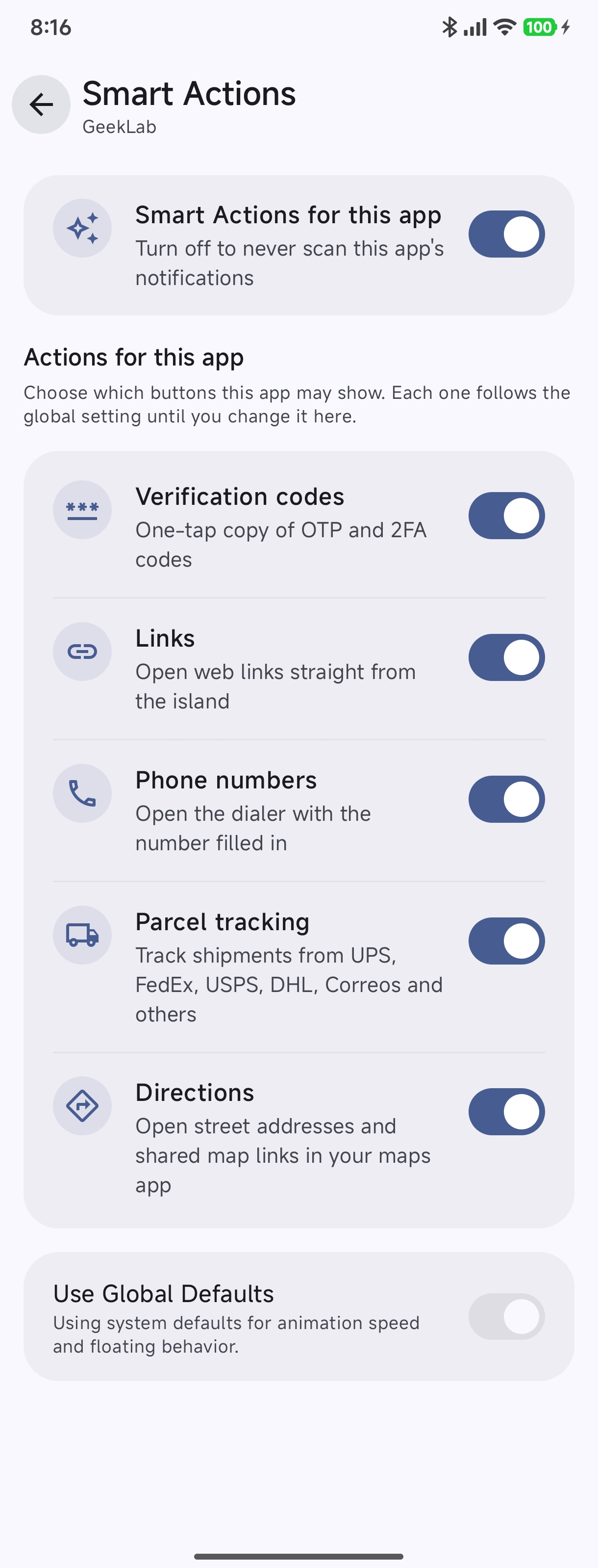 Per-App Smart Actions Configuration