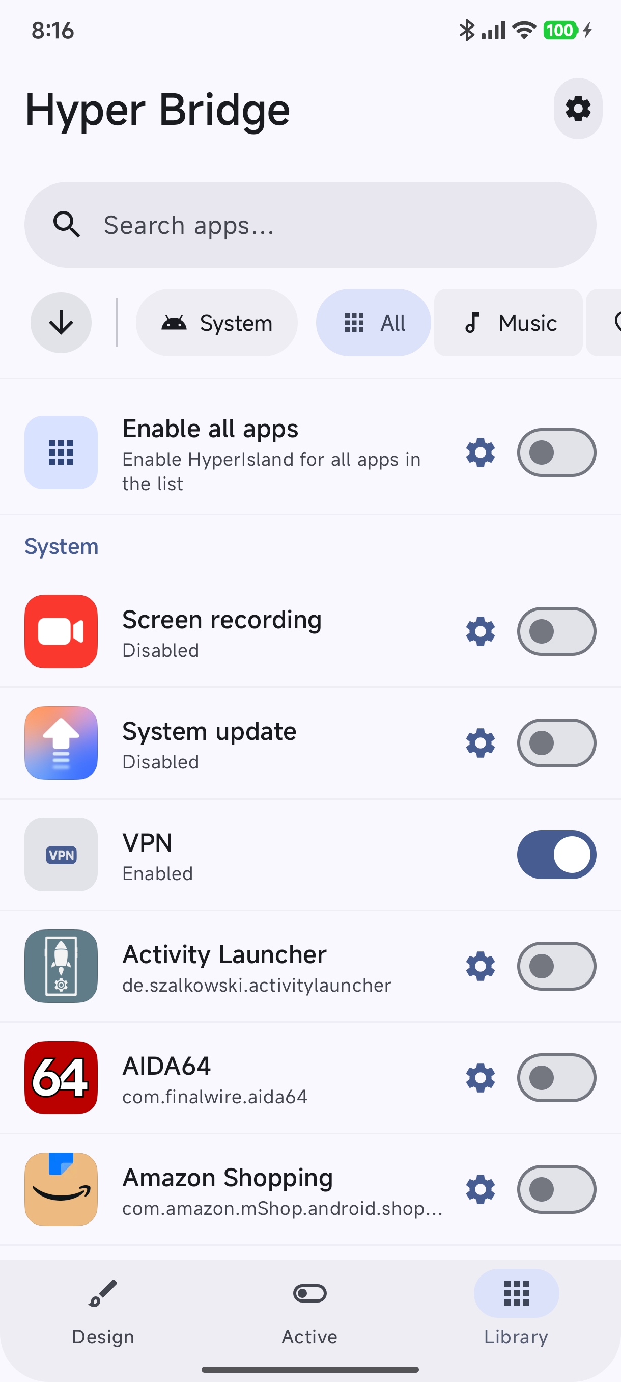 App List with Toggles and Settings Cog