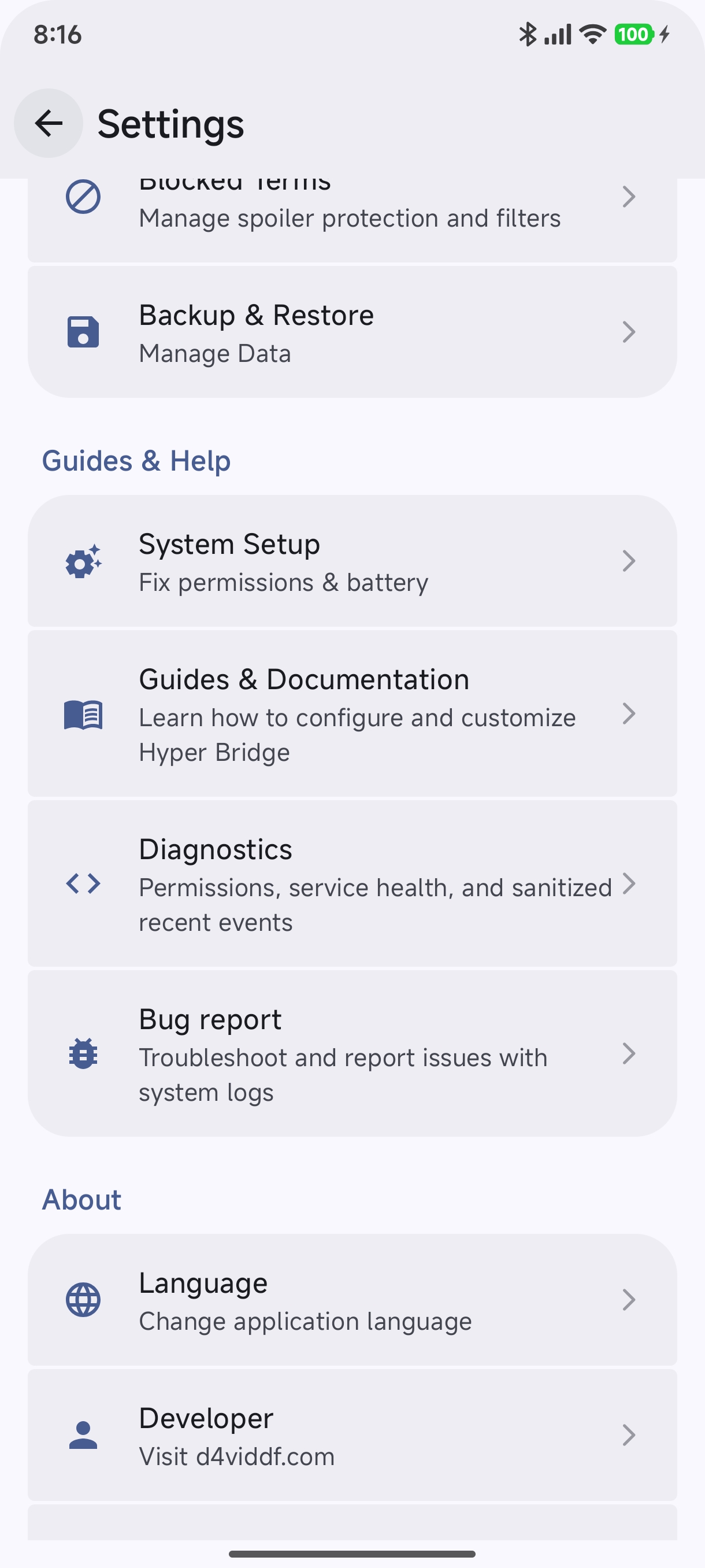 Guides & Help Menu in Settings