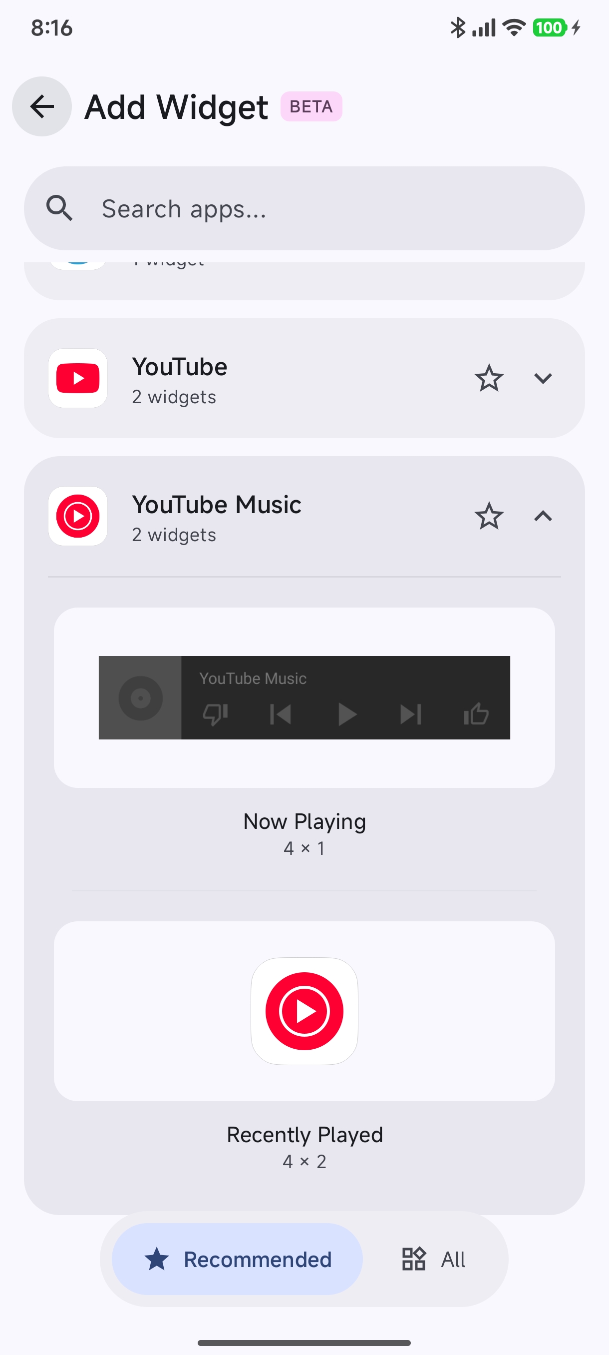 Widget Picker Expanded App View