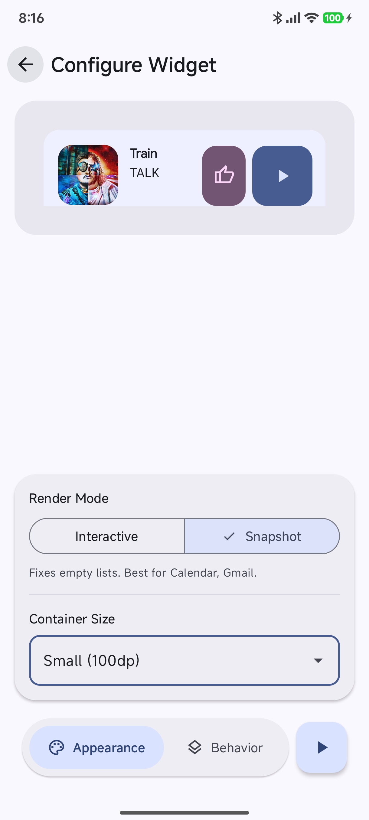 Widget Appearance Configuration - Snapshot Mode