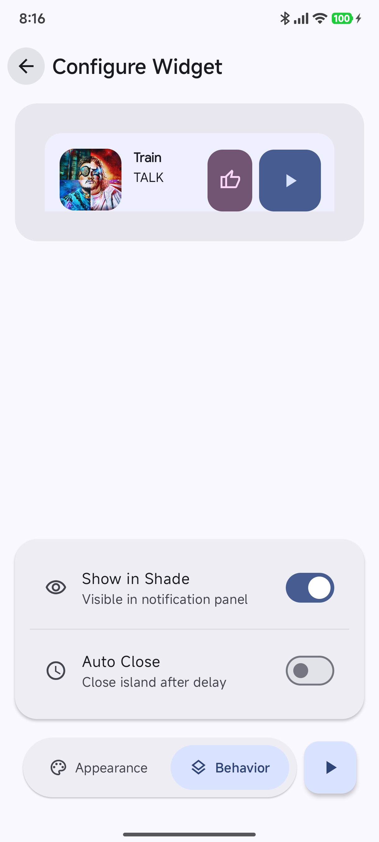 Widget Behavior Configuration - Persistent Mode